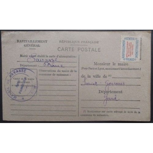 France Service N°15a Sur Carte De Ravitaillement De Savasse (Drome) Pour St Gervais (Gard)