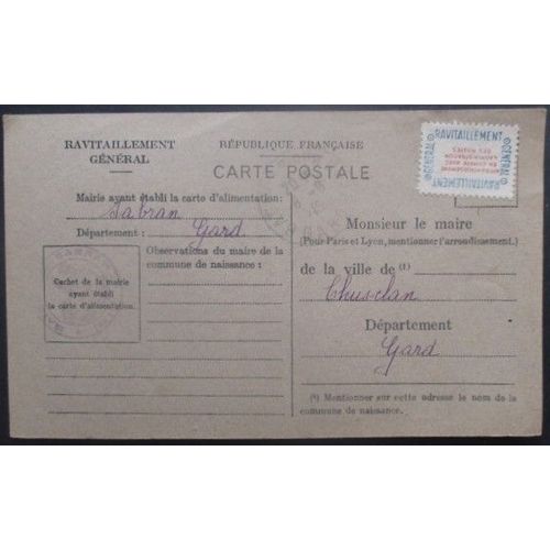 France Service N°15a Sur Carte De Ravitaillement De Sabran (Gard) Pour Chusclan (Gard)