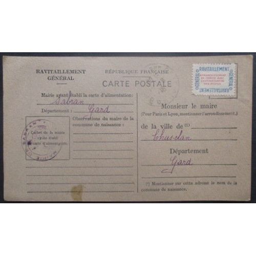 France Service N°15a Sur Carte De Ravitaillement De Sabran (Gard) Pour Chusclan (Gard)