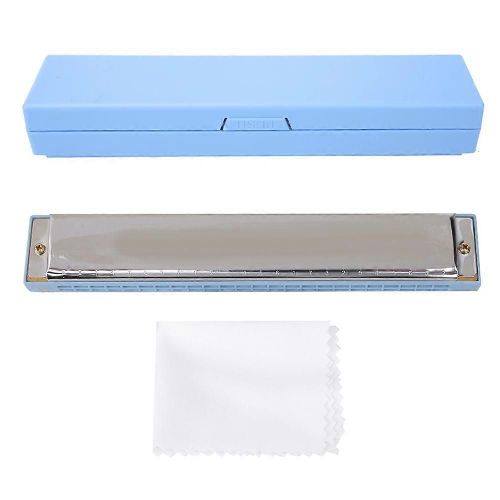 C Key 24 Trous Tremolo Harmonica Kids Beginners Mouth Organ Avec Étui De Transport Et Tissu (Bleu)