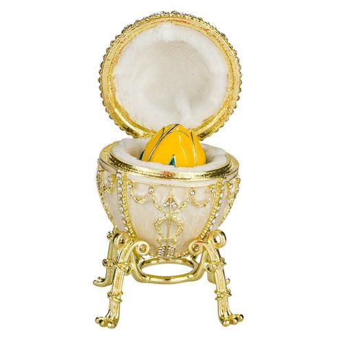 Oeuf à la Fabergé boîte à bijoux Bouton de rose avec fleur 9 cm, crème
