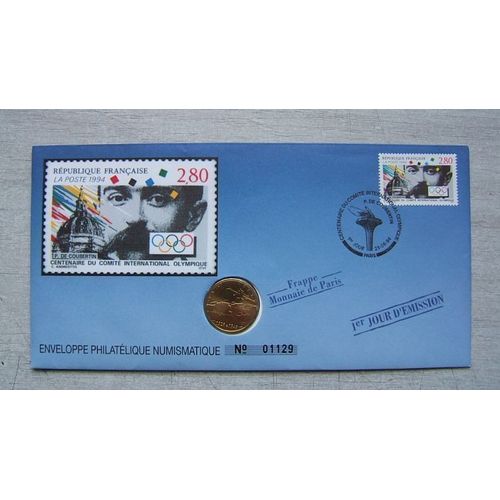 Enveloppe Officielle Timbre Et Medaille Monnaie De Paris " 1er Jour D'émission " Centenaire Du Comité International Olympique 1994