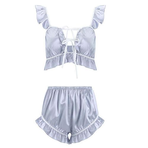 Femmes Imitation Soie Brillant Femme De Ménage Lingerie Sexy Bowknot Dos Nu Crop Top Volants Bloomers Shorts Style Royal Cosplay Costume Vêtements De Nuit