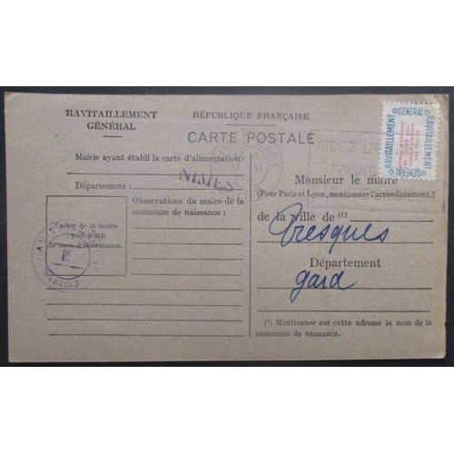 France Service N°15a Sur Carte De Ravitaillement De Nimes (Gard) Pour Tresques (Gard)