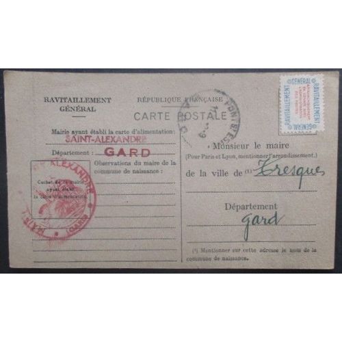France Service N°15a Sur Carte De Ravitaillement De St Alexandre (Gard) Pour Tresques (Gard)
