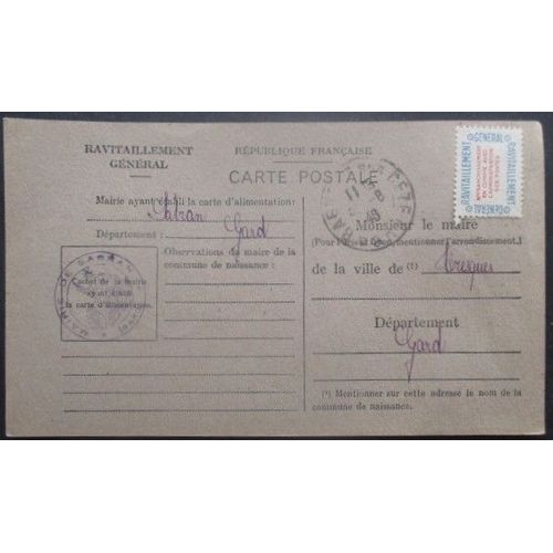 France Service N°15a Sur Carte De Ravitaillement De Sabran (Gard) Pour Tresques (Gard)