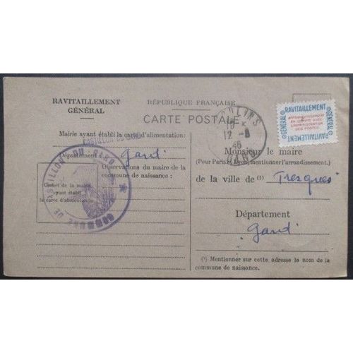 France Service N°15a Sur Carte De Ravitaillement De Castillon (Gard) Pour Tresques (Gard)