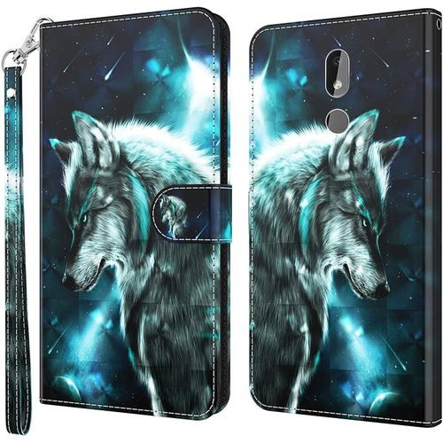 Coque Pour Nokia 3.2, Housse Premium En Cuir Nokia 3.2, Magnétique À Clapet Anti-Choc Flip Case Portefeuille Pu Cuir À Rabat Housse Étui De Protection Avec Porte Cartes Loup