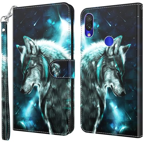 Coque Pour Xiaomi Redmi Note 7 Pro, Housse Premium En Cuir Xiaomi Redmi Note 7 Pro, Magnetique Flip Case Portefeuille Pu Cuir À Rabat Housse Étui De Protection Avec Porte Cartes Loup