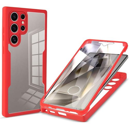 Miagon 360 Degres Full Body Protection Coque Pour Samsung Galaxy S24 Ultra,Double Face Transparent Etui Intégrale Antichoc Housse Avec Protection Écran,Rouge
