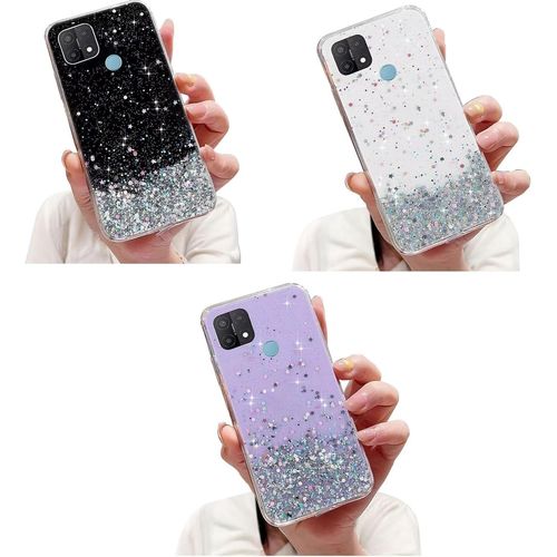 Miagon 3x Coque Glitter Pour Oppo Realme C21,Paillette Bling Brillant Étoile Transparent Souple Housse Tpu Silicone Etui Cristal Clair Bumper Cover