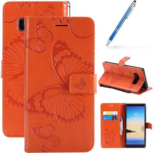 Coque Pour Samsung Galaxy Note 8 Housse De Téléphone En Cuir,Jolie Papillon Femme Portefeuille Étui À Rabat Magnétique Livre Stylé Flip Case Anti-Choc Coque Pour Galaxy Note 8,Orange