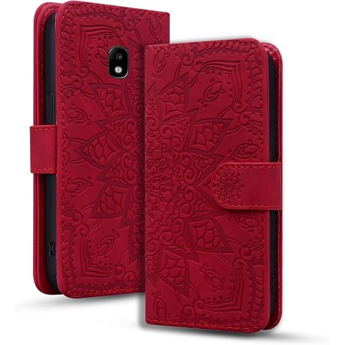 Coque Pour Samsung Galaxy J3 2017/ J330 Premium Pu Cuir Housse Avec Fermeture Magnétique Stand Fonction Couvercle À Rabat Mandala Gaufrage Samsung Galaxy J3 2017/ J330 - Rouge