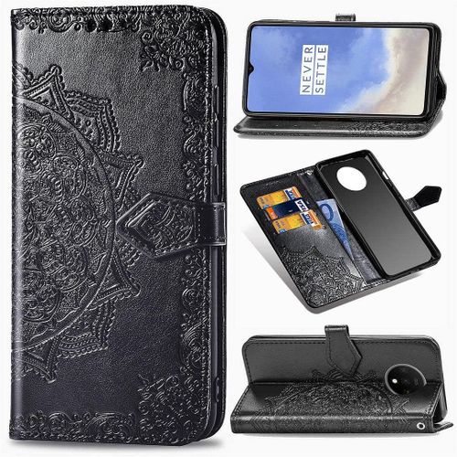 Coque Pour Oneplus 7t, Mandala Gaufrage Pu Cuir Magnétique Flip Portefeuille Support Porte-Carte Protecteur Housse Étui Avec Dragonne Pour Oneplus 7t Noir