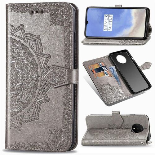 Coque Pour Oneplus 7t, Mandala Gaufrage Pu Cuir Magnétique Flip Portefeuille Support Porte-Carte Protecteur Housse Étui Avec Dragonne Pour Oneplus 7t Gris