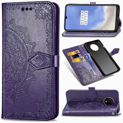 Coque Pour Oneplus 7t, Mandala Gaufrage Pu Cuir Magnétique Flip Portefeuille Support Porte-Carte Protecteur Housse Étui Avec Dragonne Pour Oneplus 7t Violet