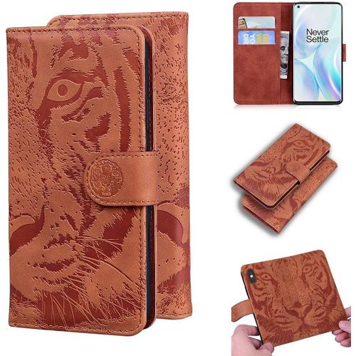 Coque Pour Oneplus 8, Embossage De Tigre Pu Cuir Magnétique Flip Portefeuille Support Porte-Carte Protecteur Housse Étui Pour Oneplus 8 Marron