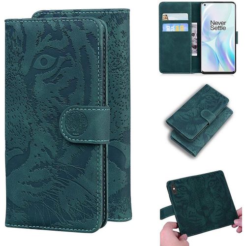 Coque Pour Oneplus 8, Embossage De Tigre Pu Cuir Magnétique Flip Portefeuille Support Porte-Carte Protecteur Housse Étui Pour Oneplus 8 Vert