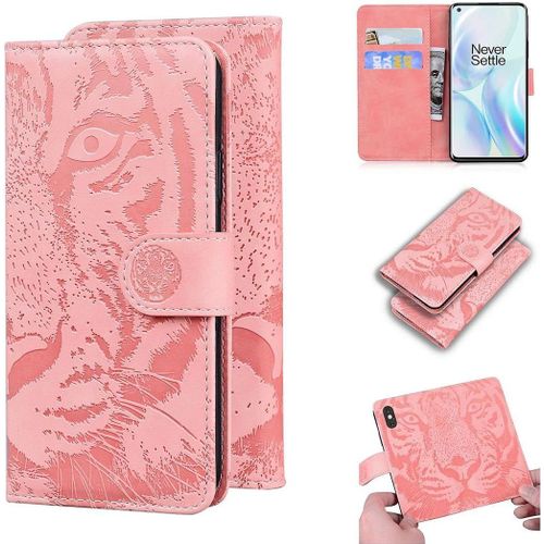 Coque Pour Oneplus 8, Embossage De Tigre Pu Cuir Magnétique Flip Portefeuille Support Porte-Carte Protecteur Housse Étui Pour Oneplus 8 Rose