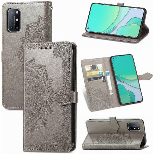 Coque Pour Oneplus 8t, Mandala Gaufrage Pu Cuir Magnétique Flip Portefeuille Support Porte-Carte Protecteur Housse Étui Avec Dragonne Pour Oneplus 8t Gris