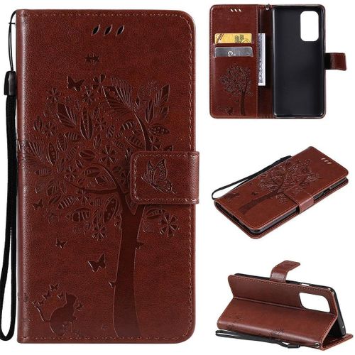 Coque Pour Oneplus 9 Arbre À Chat En Cuir Pu Gaufré Avec Rabat Magnétique Et Fentes Pour Cartes Coque De Protection Avec Dragonne Pour Oneplus 9 Marron