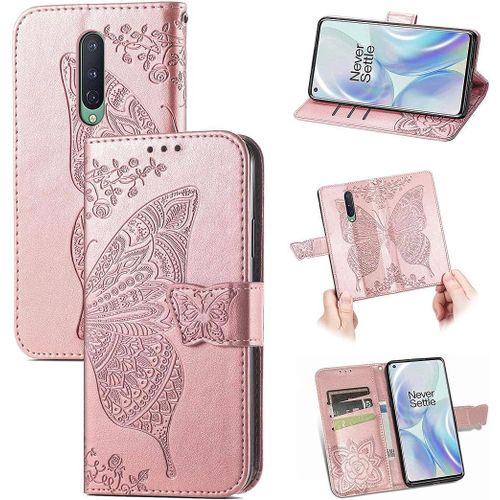 Coque Pour Oneplus 8, Papillon Fleur Cuir Pu Flip Magnétique Portefeuille Fentes Cartes Housse De Protection Avec Dragonne Pour Oneplus 8 Or Rose