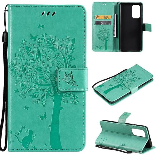 Coque Pour Oneplus 9 Arbre À Chat En Cuir Pu Gaufré Avec Rabat Magnétique Et Fentes Pour Cartes Coque De Protection Avec Dragonne Pour Oneplus 9 Vert