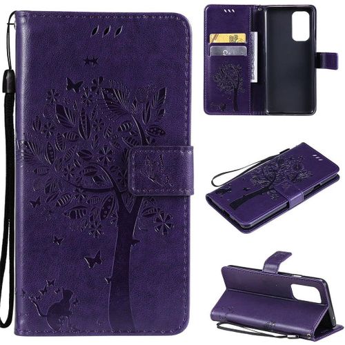 Coque Pour Oneplus 9 Motif Arbre À Chat Gaufrage En Cuir Pu À Rabat Magnétique Portefeuille Fentes Pour Cartes Étui De Protection Avec Dragonne Pour Oneplus 9 Violet
