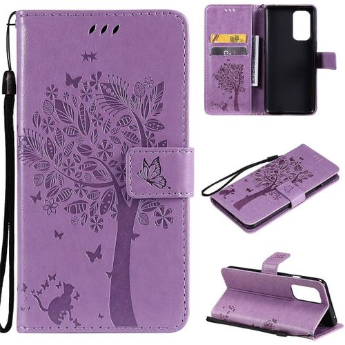 Coque Pour Oneplus 9 Arbre À Chat En Cuir Pu Gaufré Avec Rabat Magnétique Et Fentes Pour Cartes Housse De Protection Avec Dragonne Pour Oneplus 9 Lavande
