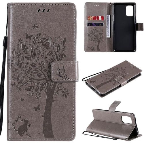 Coque Pour Oneplus 8t, Motif Arbre À Chat En Cuir Synthétique Avec Rabat Magnétique Et Emplacements Pour Cartes, Dragonne Pour Oneplus 8t Gris