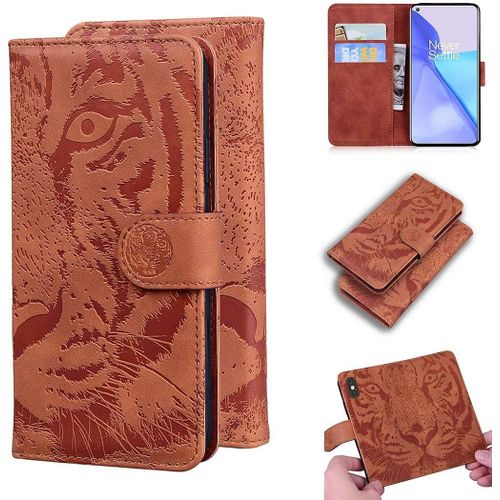 Coque Pour Oneplus 9, Embossage De Tigre Pu Cuir Magnétique Flip Portefeuille Support Porte-Carte Protecteur Housse Étui Pour Oneplus 9 Marron