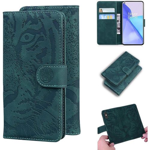 Coque Pour Oneplus 9, Embossage De Tigre Pu Cuir Magnétique Flip Portefeuille Support Porte-Carte Protecteur Housse Étui Pour Oneplus 9 Vert