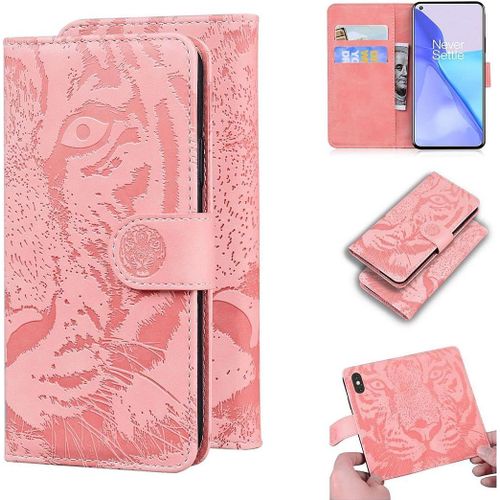 Coque Pour Oneplus 9, Embossage De Tigre Pu Cuir Magnétique Flip Portefeuille Support Porte-Carte Protecteur Housse Étui Pour Oneplus 9 Rose