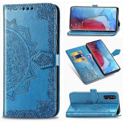 Coque Pour Oppo Find X2 Neo, Mandala Gaufrage Pu Cuir Magnétique Flip Portefeuille Support Porte-Carte Protecteur Housse Étui Avec Dragonne Pour Oppo Find X2 Neo Bleu