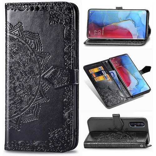 Coque Pour Oppo Find X2 Neo, Mandala Gaufrage Pu Cuir Magnétique Flip Portefeuille Support Porte-Carte Protecteur Housse Étui Avec Dragonne Pour Oppo Find X2 Neo Noir