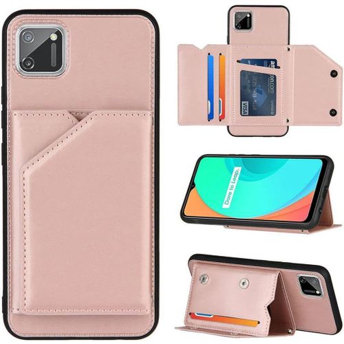 Coque Pour Realme C11, Cuir Synthétique Souple Et Silicone Tpu, Anti-Chute, Pliable, Fentes Pour Cartes, Boutons Métalliques, Coque Arrière De Protection Pour Realme C11 Or Rose