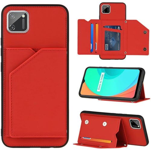 Coque Pour Realme C11, Cuir Synthétique Souple Et Silicone Tpu, Anti-Chute, Pliable, Fentes Pour Cartes, Boutons Métalliques, Coque Arrière De Protection Pour Realme C11 Rouge