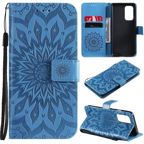 Étui Pour Oneplus 9, Motif Tournesol En Cuir Pu Avec Rabat Magnétique Et Fentes Pour Cartes De Crédit Avec Dragonne Pour Oneplus 9 Bleu