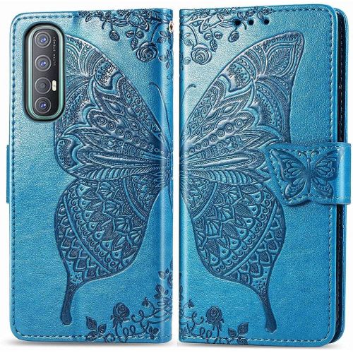 Étui Portefeuille À Rabat Magnétique En Similicuir Avec Porte-Cartes Et Dragonne Pour Oppo Find X2 Neo Bleu