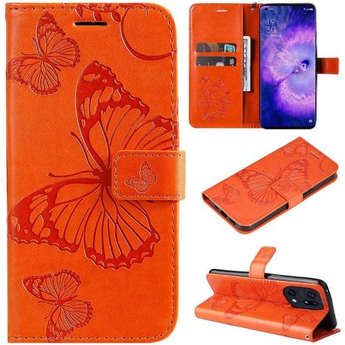 Étui De Protection Pour Oppo Find X5 Pro En Cuir Synthétique Avec Motif Papillon En Relief Et Rabat Magnétique Avec Emplacements Pour Cartes Et Dragonne, Pour Oppo Find X5 Pro Orange