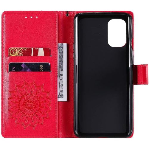 Étui Pour Oneplus 8t, Motif Tournesol En Cuir Pu Avec Rabat Magnétique Et Fentes Pour Cartes, Étui De Protection Avec Dragonne Pour Oneplus 8t Rouge