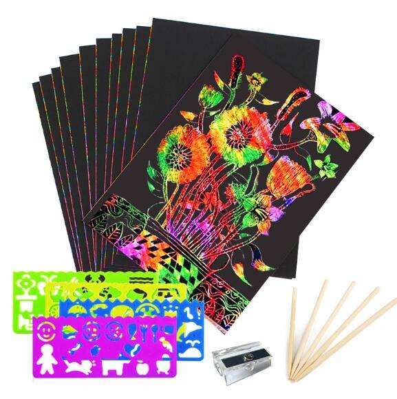 Lot de cartes en papier magique couleur arc-en-ciel pour enfants, lot de 50  feuilles de papier à gratter avec pochoir Graffiti pour bâton de dessin,  jouet de peinture à faire soi-même