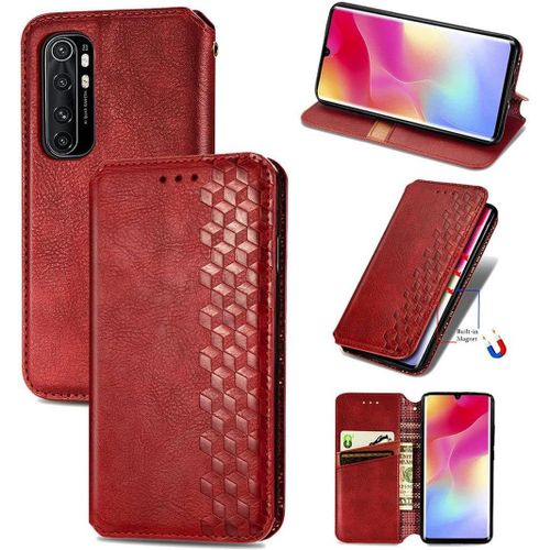 Étui Pour Xiaomi Mi Note 10 Lite, Cubes Pu Cuir Flip Magnétique Intégré Adsorption Wallet Stand Fentes Pour Cartes Coque De Protection Pour Xiaomi Mi Note 10 Lite Lt-Rouge