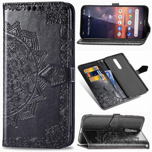 Nokia 3.2 Coque Mandala Gaufrage Pu Cuir Magnétique Flip Portefeuille Support Portecarte Protecteur Coque Housse Étui Avec Dragonne Pour Nokia 3.2 Noir