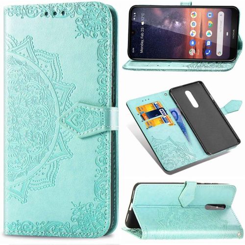 Nokia 3.2 Coque Mandala Gaufrage Pu Cuir Magnétique Flip Portefeuille Support Portecarte Protecteur Coque Housse Étui Avec Dragonne Pour Nokia 3.2 Vert