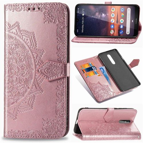 Nokia 3.2 Coque Mandala Gaufrage Pu Cuir Magnétique Flip Portefeuille Support Portecarte Protecteur Coque Housse Étui Avec Dragonne Pour Nokia 3.2 Or Rose