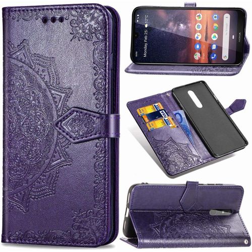 Nokia 3.2 Coque Mandala Gaufrage Pu Cuir Magnétique Flip Portefeuille Support Portecarte Protecteur Coque Housse Étui Avec Dragonne Pour Nokia 3.2 Violet