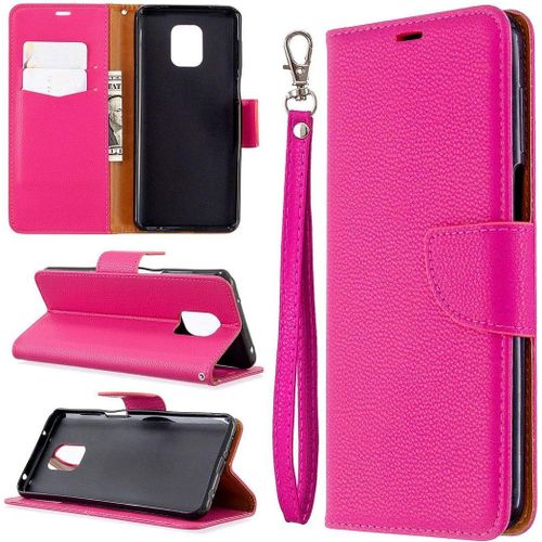 Litchi Étui De Protection En Cuir Pu À Rabat Magnétique Avec Support Et Emplacements Pour Cartes Pour Xiaomi Redmi Note 9s/Note 9 Pro/Note 9 Pro Max Rose Rouge