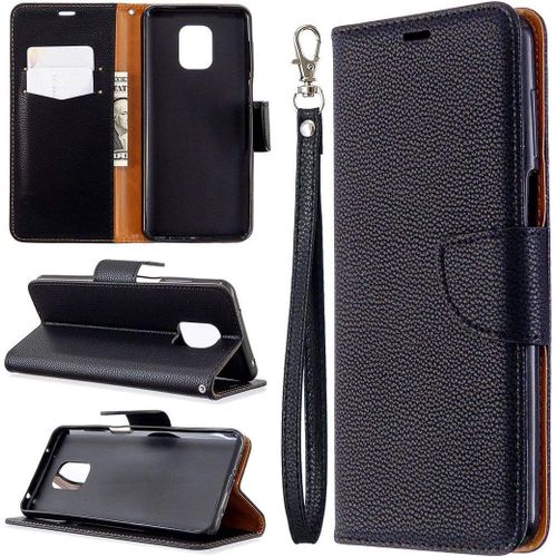 Litchi Étui De Protection À Rabat Magnétique En Cuir Pu Avec Dragonne Pour Xiaomi Redmi Note 9s/Note 9 Pro/Note 9 Pro Max Noir