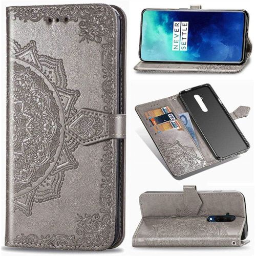 Oneplus 7t Pro Coque Mandala Gaufrage Pu Cuir Magnétique Flip Portefeuille Support Portecarte Protecteur Coque Housse Étui Avec Dragonne Pour Oneplus 7t Pro Gris